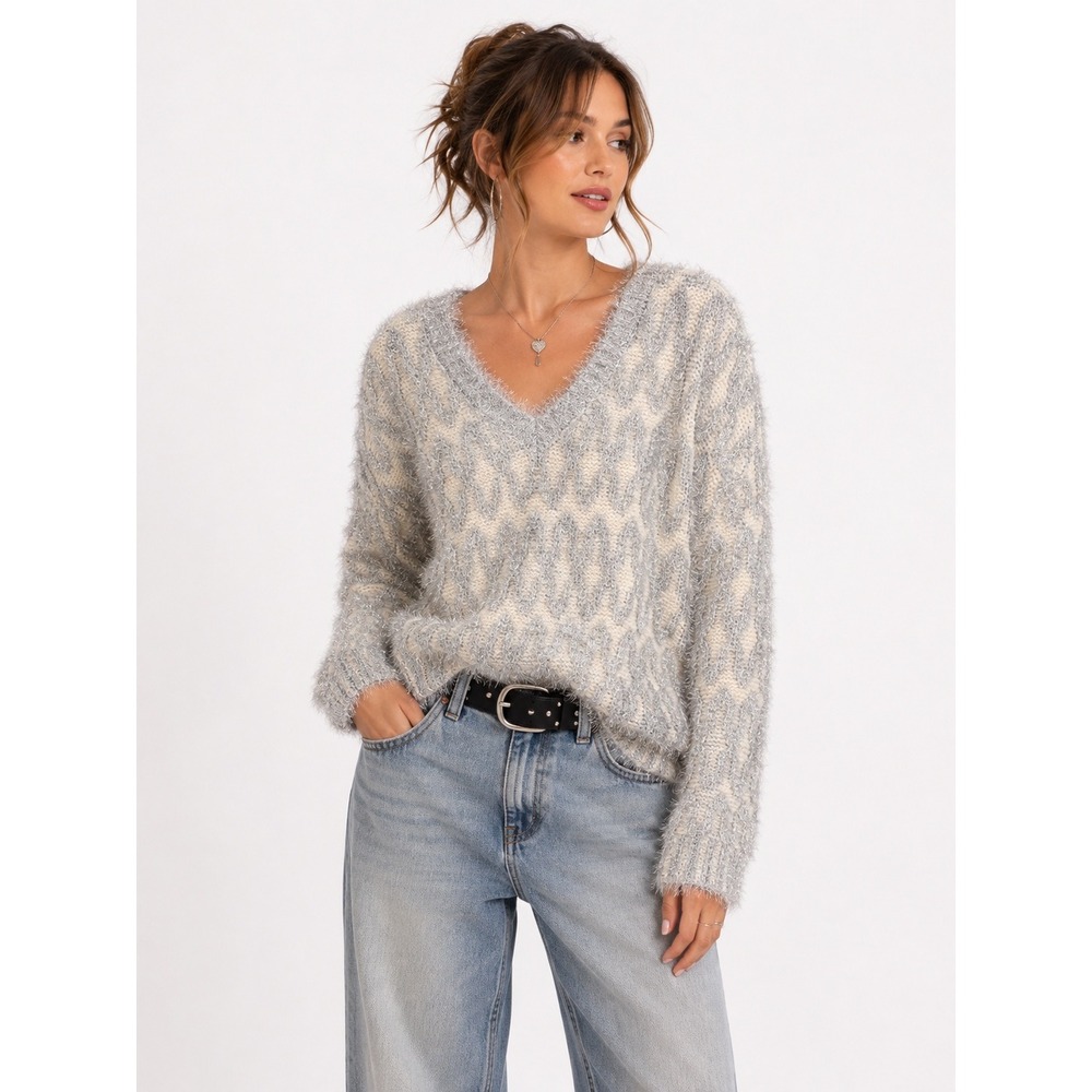 Metallic Eyelash Sweater L Silver Cream Abstract Knit Holiday Party Retro Glam